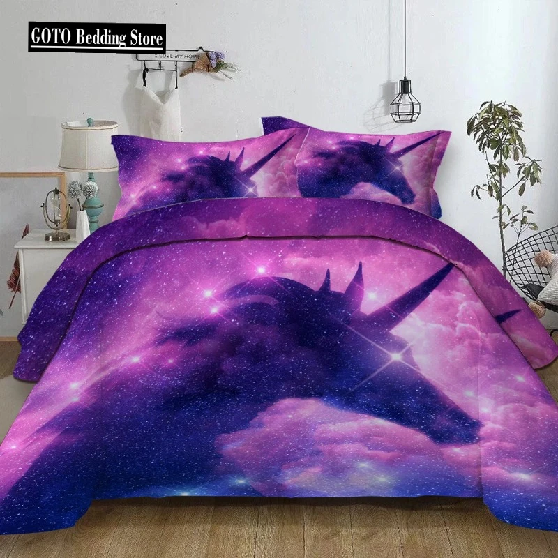 Star Shine Unicorn Head Bedding Duvet Cover Sets Dream Cartoon Pink Purple Quilt Cover Pillowcases Home Textile Comforter Set