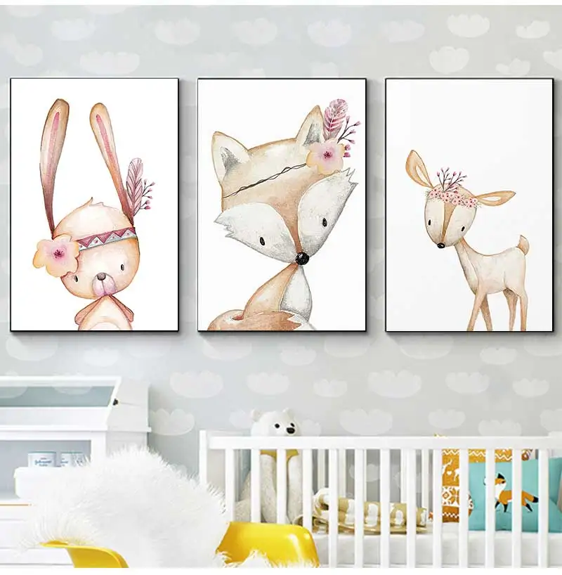 Posters And Prints Animal Wall Art Canvas Painting Picture For Baby Girl Boy Kids Room Decor Rabbit Fox Deer Nursery Nordic