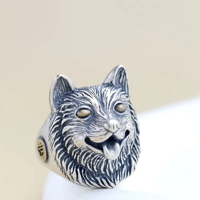 Authentic 925 Sterling Silver Ring Retro Style German Shepherd Head Creative Charm Nostalgia Open Ring Fashio Jewelry Gift