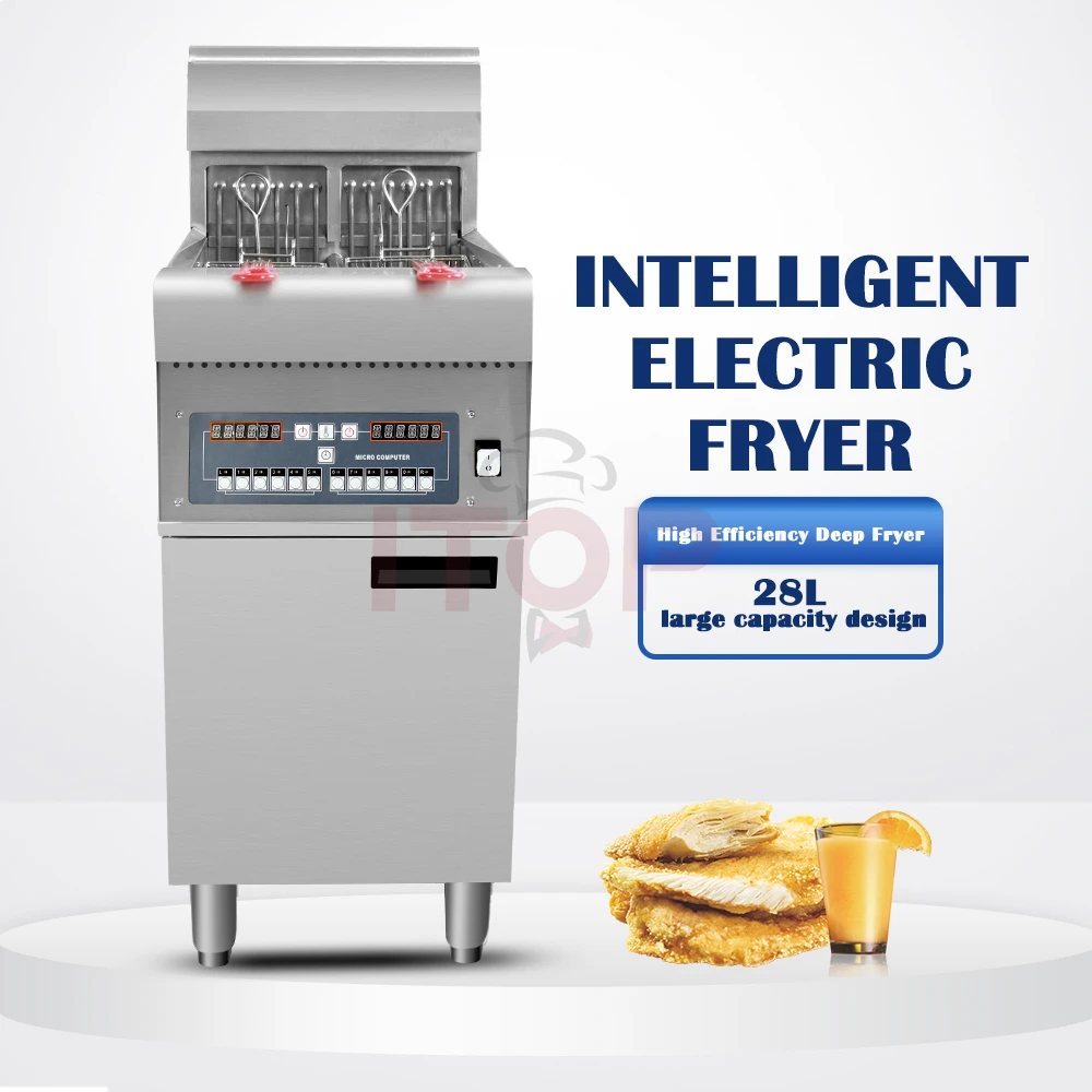 #heu IT-DEF28 Automatic Lifting Double Cylinder Electric Fryers 220V/9KW Deep Fryer Basket With Oil Filter Cart