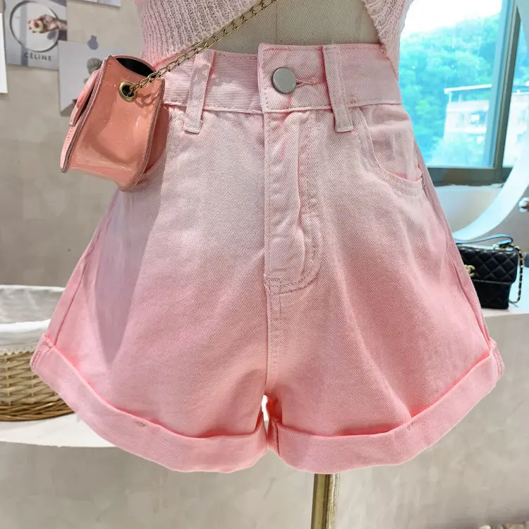 

Gradient Pink Summer Denim Shorts Sweet Straight Leg High Waisted Casual Capris Japan South Korea 2024 New Model