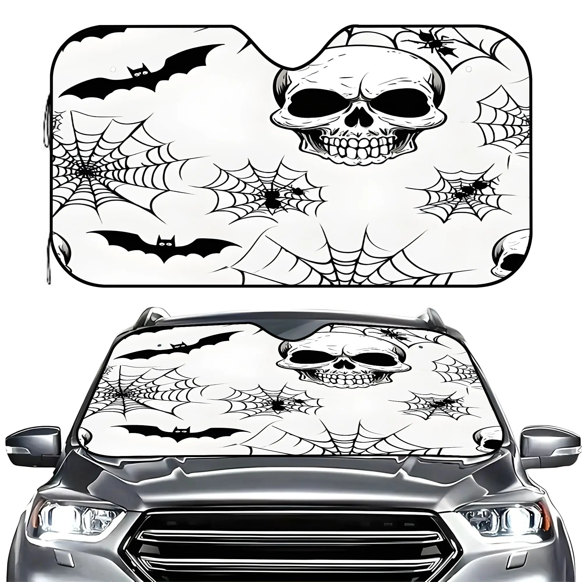 Skull Bat Spider Web Car Windshield Sun Shade, UV Ray Reflector Heat Shield Visor, Foldable Auto Front Window Cover