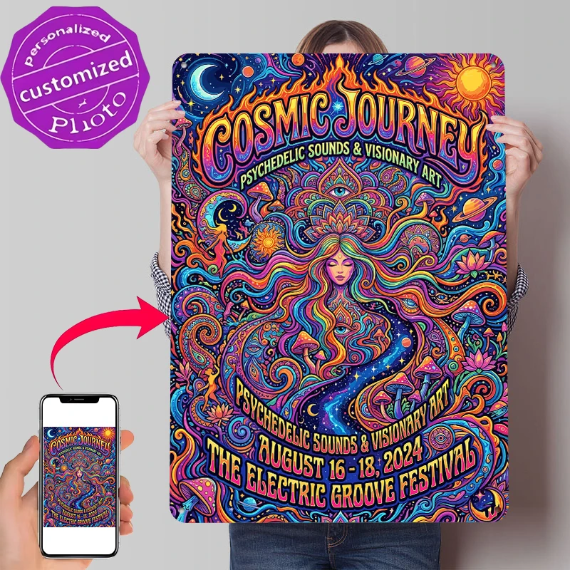 Cosmic Journey Psychedelic Festival Metal Poster Customized Wall Art Retro Vintage Metal Signs for Man Cave Setup Decorations