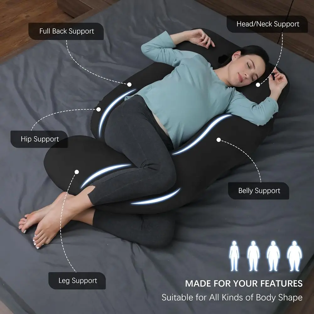 S-shaped Full Body Maternity Pillow with Removable Cover - Support for Back, Legs, Hips - 57 Inch for Women - Black