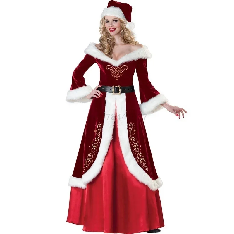 Trajes de cosplay de natal vermelho festa manga longa robe trajes de papai noel para mulheres adultas vestido de princesa de natal