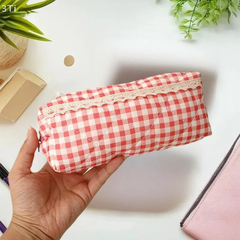Girlish Cosmetic Bag Gift, Large Capacity, Portable and Lightweight, Plaid Lace Pencil Case, Simple School Supplies Storage Bag