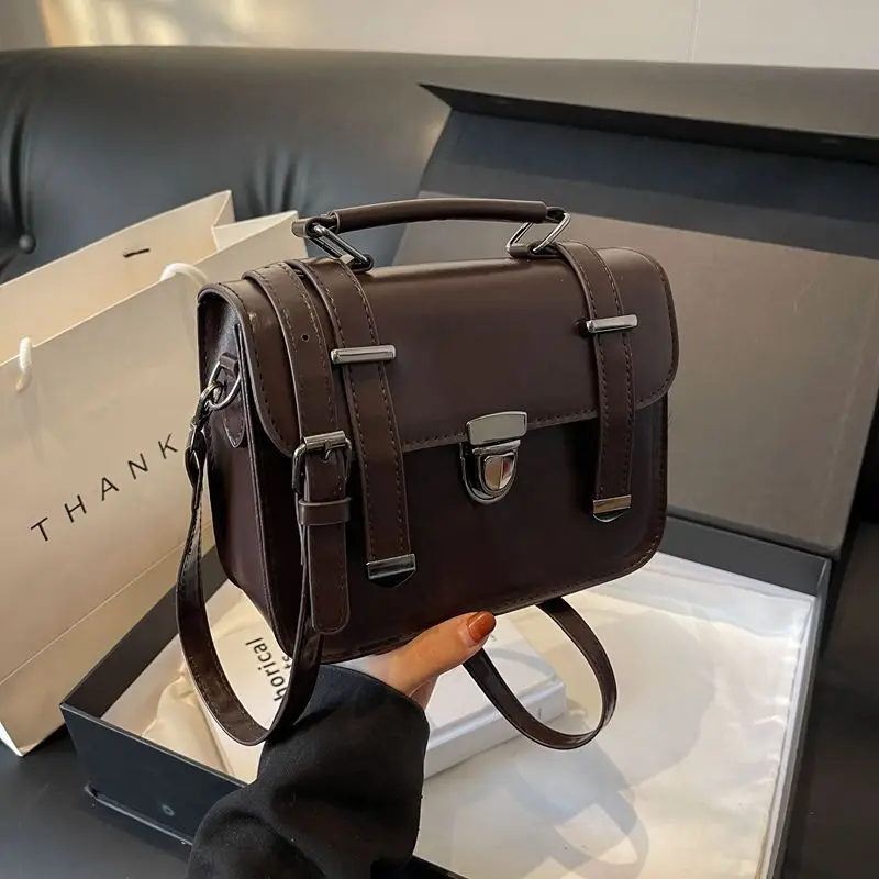 

Women's Brown Vintage Satchel Bag, Faux Leather Crossbody Handbag with Top Handle, Retro Lock Closure Mini Messenger Purse