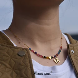 Waterproof Gold Color Stainless Steel Heart Initial Necklace for Women Tarnish Free Faceted Crystal Necklace MOON GIRL Design