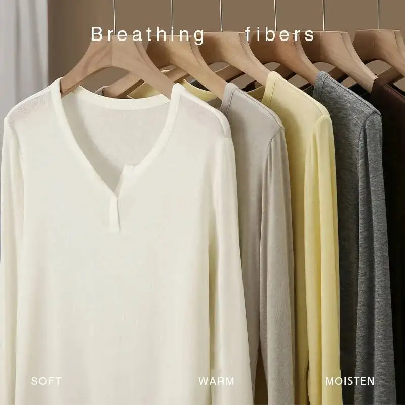 

Women Wool Lyocell T-shirt Spring Autumn Soft V-neck Long Sleeve Basic Bottoming Tops