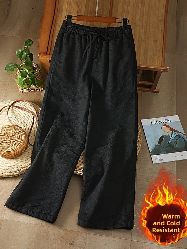 Authentic Chinese Style Embroidered Cotton Pants Women's Thickened Winter High Waist Straight Leg Casual Trousers