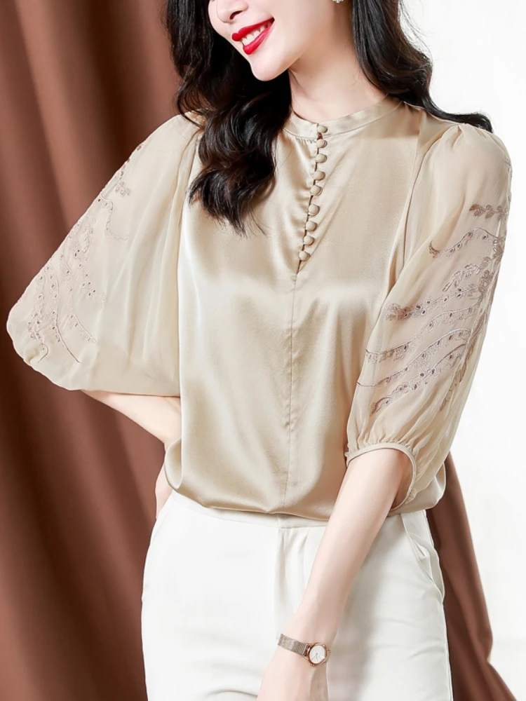 

Women's Ice Silk irt Tee-Quarter Sve Summer Lantern Sve Silk Top Korean Sle Loose Fit Button Detail