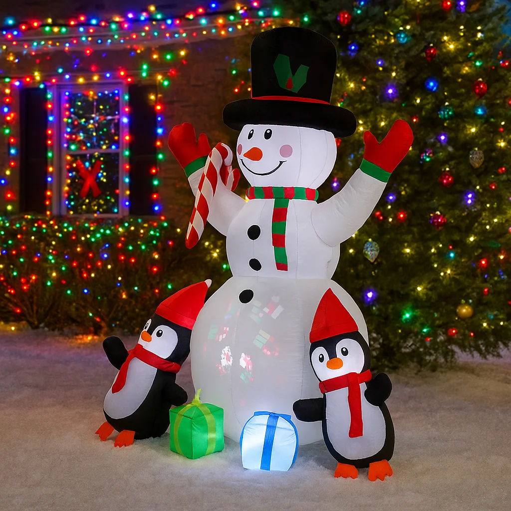 6フィートのクリスマスデコレーションおもちゃ、クリスマスデコレーション、膨らませる雪だるま、ペンギン、キャンディケインのおもちゃ、家の庭の飾り、LED装飾付き