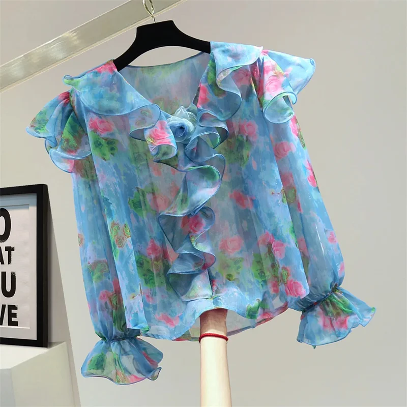 

Retro Printed Pullover Chiffon Shirt 2026 Spring Summer Korean Heavy Industry Fower Rruffle Edge Long Sleeved Shirt Blouse