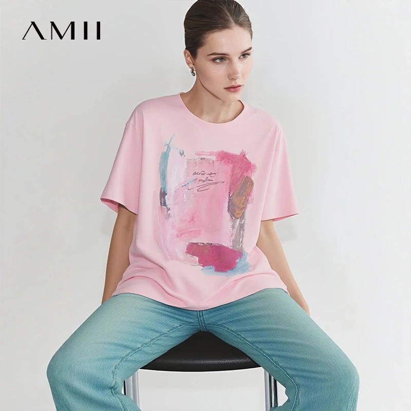 T-shirt Amii pour femme, nouvelle collection été 2026, en coton, col rond, épaules tombantes, décontracté, imprimé, coupe ample, manches courtes, pour femme 12642030