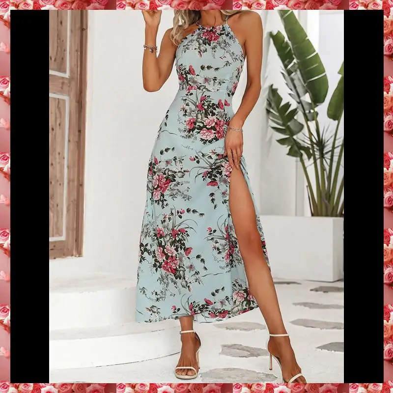 Damskie sukienki letnie bez rękawów w stylu boho z rozcięciem, na ramiączkach, z nadrukiem, o kroju litery A.