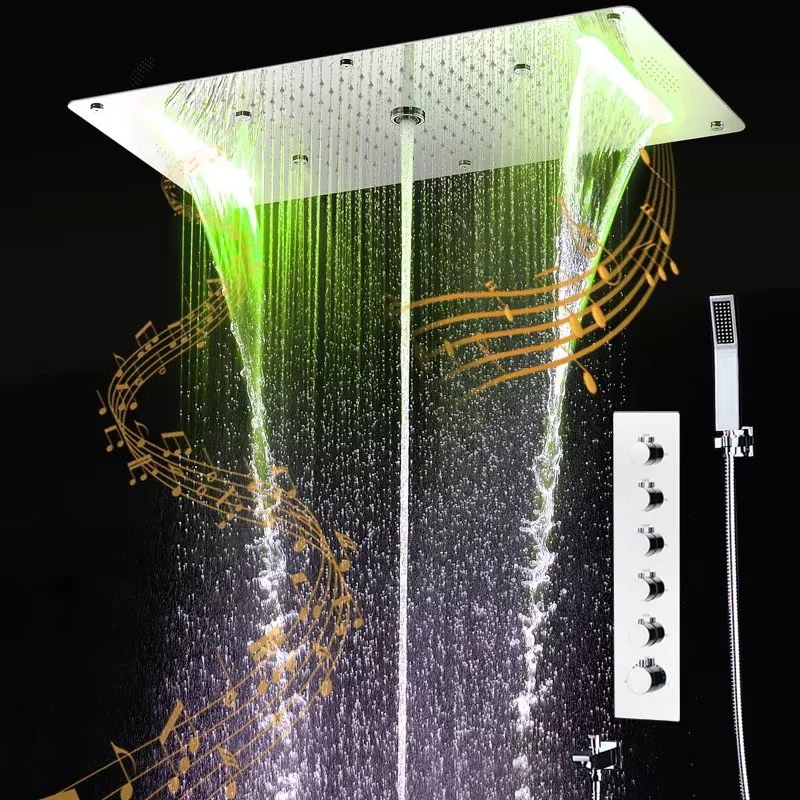 Complete Shower Set Music LED Bathroom Massage 5 Functions Thermostatic Shower 700x380mm rain mist waterfall column