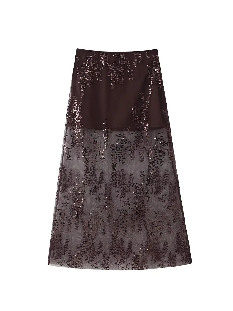 

Модная женская летняя длинная юбка с пайетками, однотонная, с вышивкой, на молнии, из сетки, с завышенной талией, для женщин