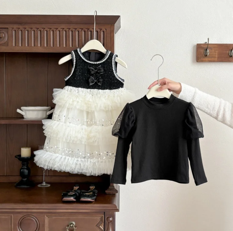 

Новые осенние модные комплекты для маленьких девочек, черный топ + жилет, сетчатое платье, милые костюмы принцессы, От 2 до 6 лет