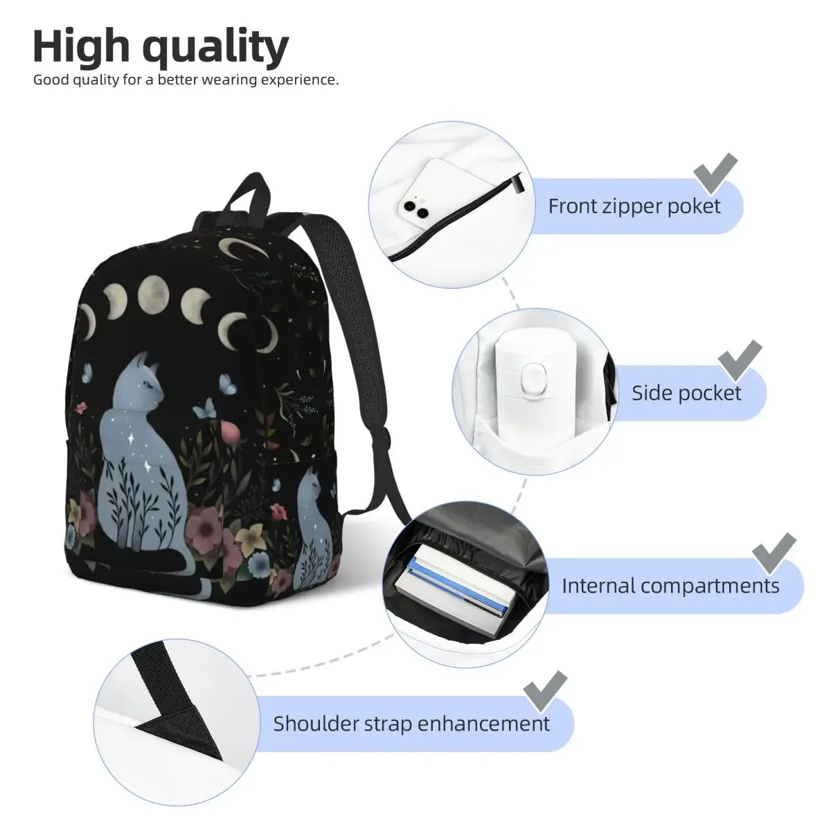 Moonlit Garden Cat On The Hill Sac à dos Sports School Business Moonlight Boho Floral Sac à dos pour homme et femme Sac à bandou