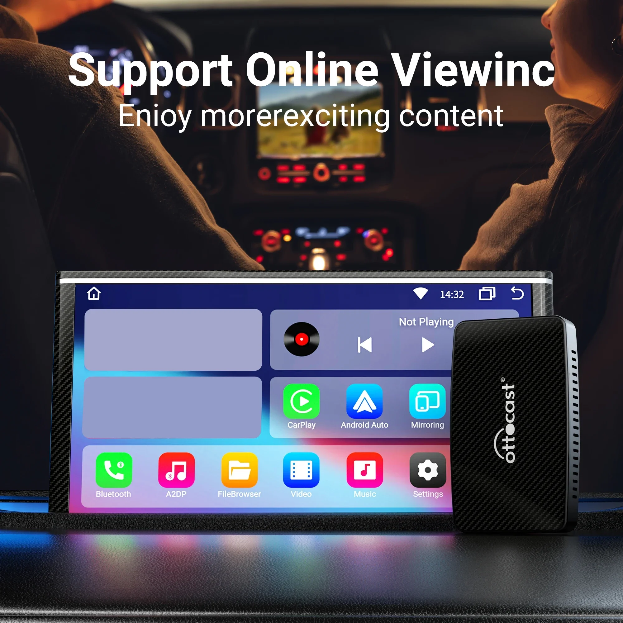 OTTOCAST Play2Video Wireless Android Auto CarPlay Adapter for Youtube Netflix Video Player TV Box Spotify Car Accessories