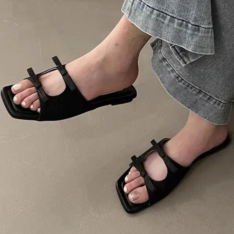 Flats Slippers Bow Women Square Toe Shoes Casual Sandals Beach Walking Flip Flops Summer 2024 New Zapatillas De Mujer Slides