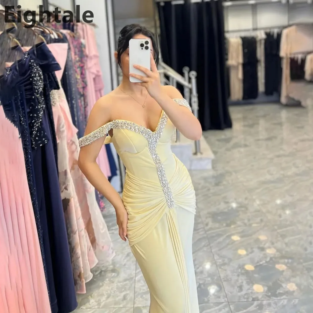 

Eightale 2025 Yellow Arabic Mermaid Maxi Evening Dress Off Shoulder Pleat Beaded Customized Prom Gown Party Dress robe de soiree