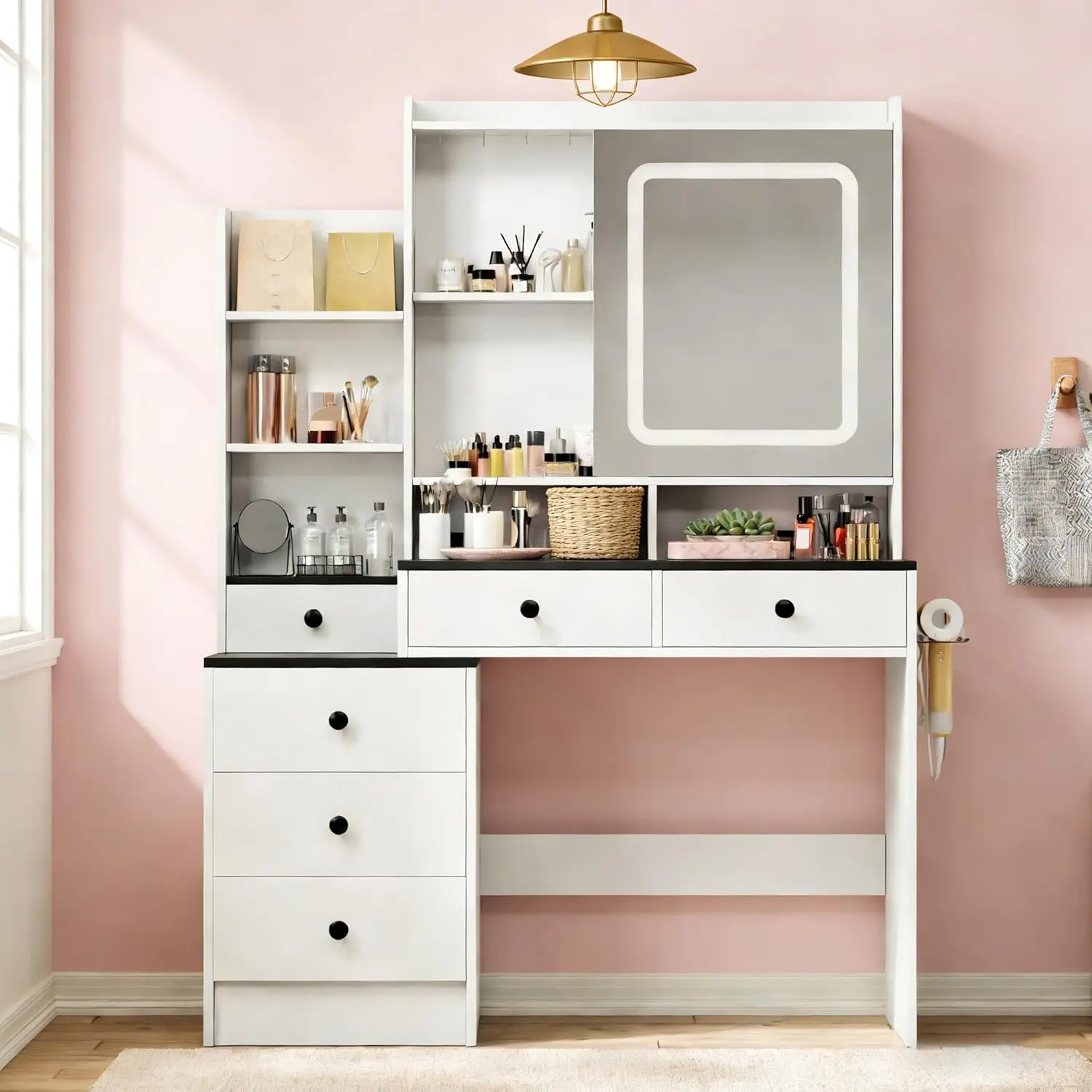 #Vanity Desk with Mirror Light,Mode Dimmer Drawer Storage Bedroom Dressing Table