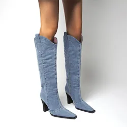 Wysokie, cienkie, modne buty Toe Top buty ze szpiczastym obcasem Denim grube buty damskie brązowe buty dla kobiet botki