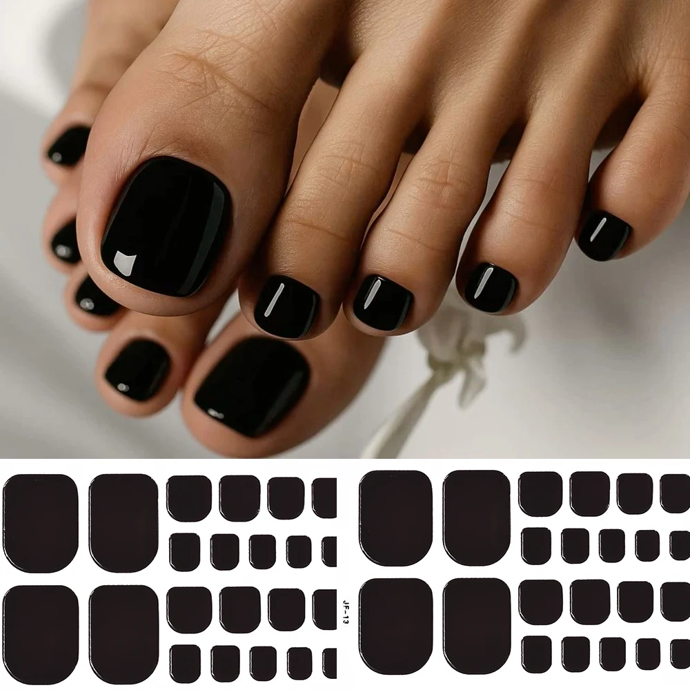 22/48Tips Glossy Black Toenail Gel Wraps Waterproof Solid Color Full Cover Press On Toenail Patches No Need Lamp Foot Gel Decals