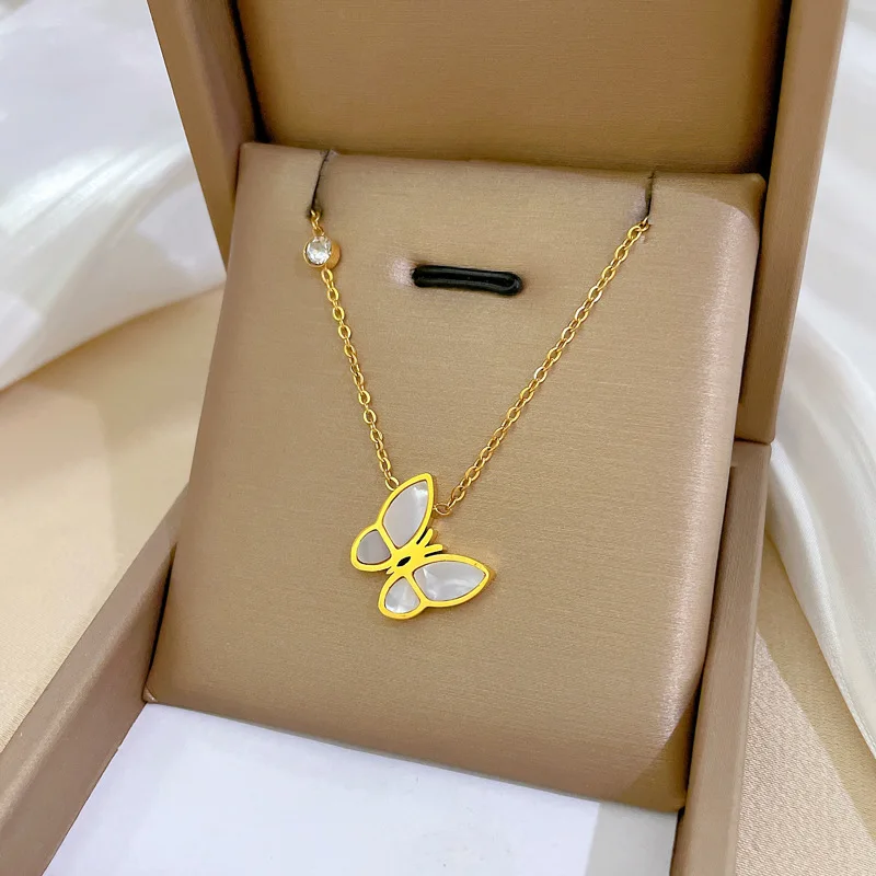 316L Stainless Steel Fashion Fine High-end Jewelry Natural Shell Zircon Butterfly Charms Collier Necklaces Pendants For Women