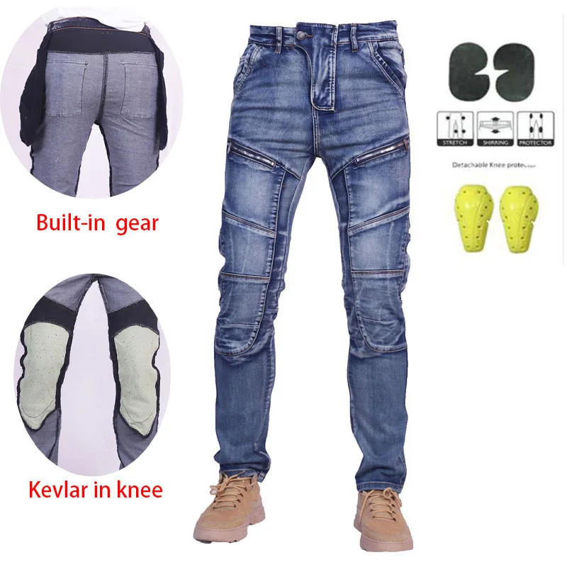 Knee Kevlar Motorcycle Riding Jeans Pants With Protective Gear Built-in Wear-resistant Fireproof Kevlar Protective  On Knee