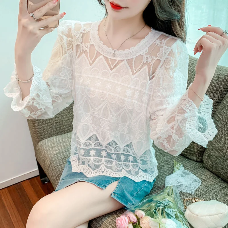 Lace Trim Hollow Out Long Sleeve Blouse Delicate Round Neck Lightweight Top