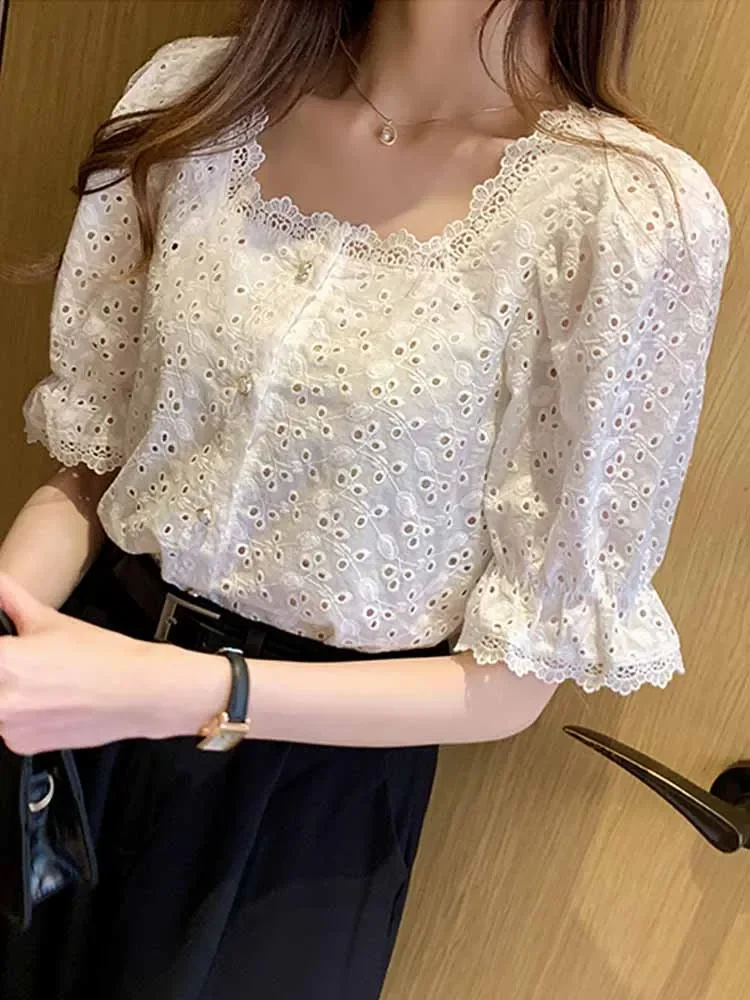 Summer Vintage Square Collar White Shirt Short Sleeve Hollow Out Elegant Women Blouse Clothes Lace Loose Tops 13934