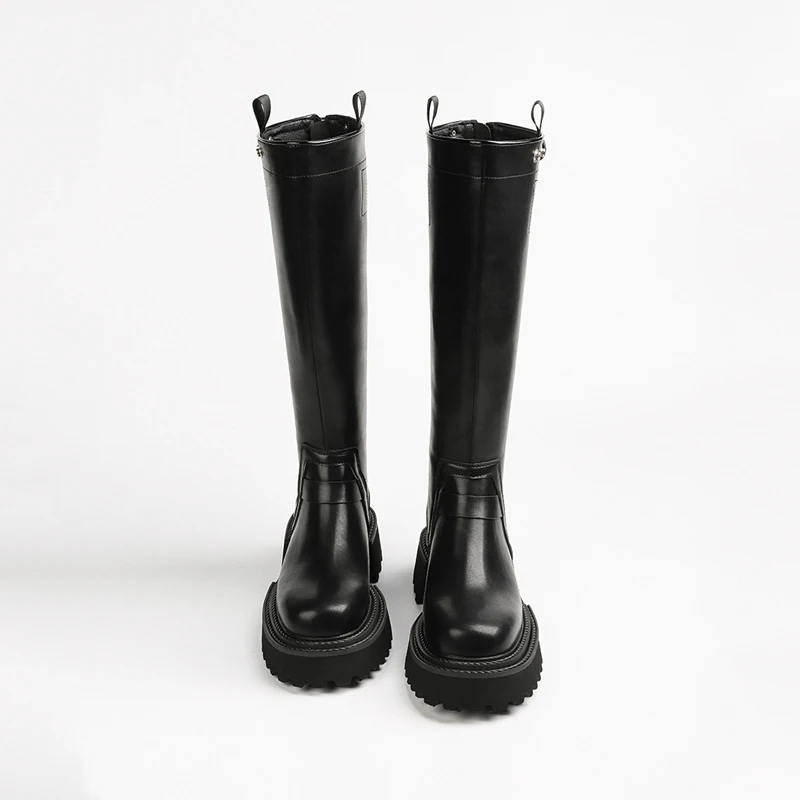 2024 Genuine Leather Belt Buckle Design Knee High Boots Women Round Toe Chunky Heel Knight Boots Autumn Winter Women Long boots