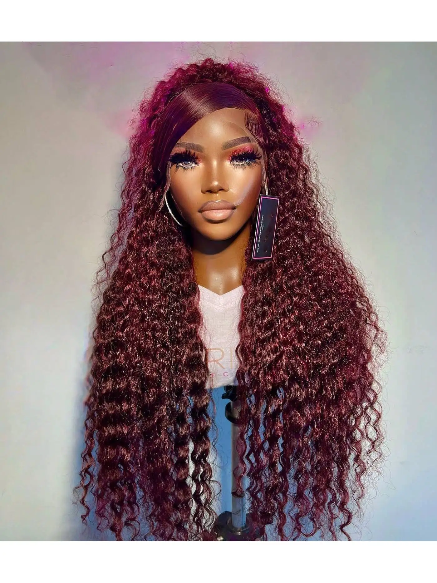 Pelucas de cabello humano Frontal de encaje transparente Borgoña 13x4 HD peluca rizada de onda profunda para mujeres 99j color rojo 34 pulgadas 200% prearrancado