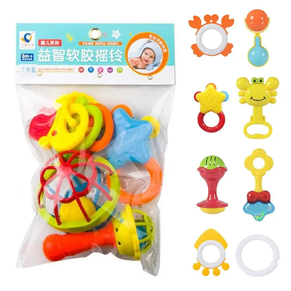 7 pçs/set colorido chocalho do bebê brinquedos inteligentes interativos mão jingle bells brinquedos macio bonito mordedor brinquedos acessórios do bebê