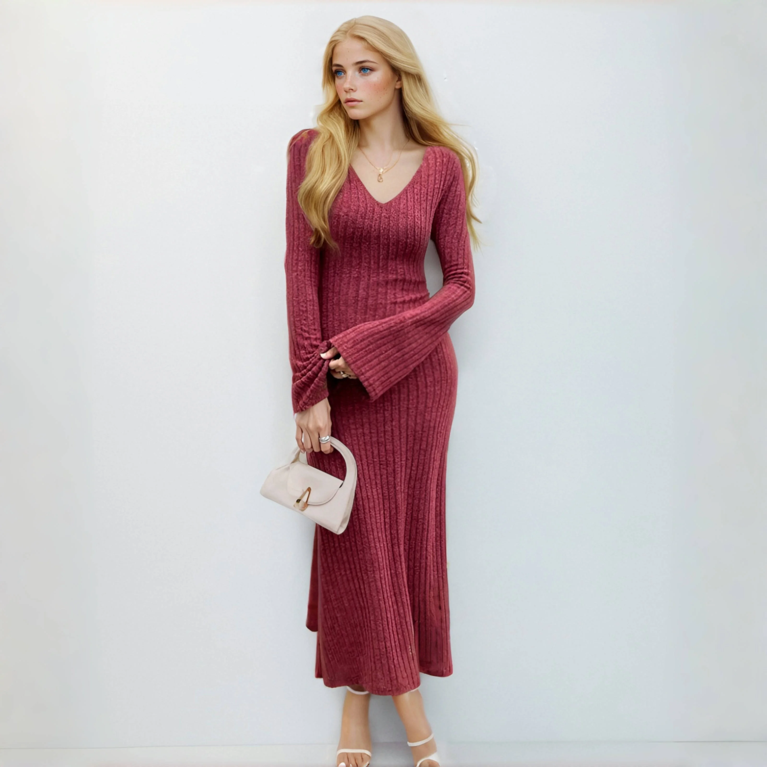 

Elegant Knitted Bodycon Dress Women Robes Long Sleeve High Waist V-neck Winter Dress Sexy Evening Gown Party Dresses Clubwear