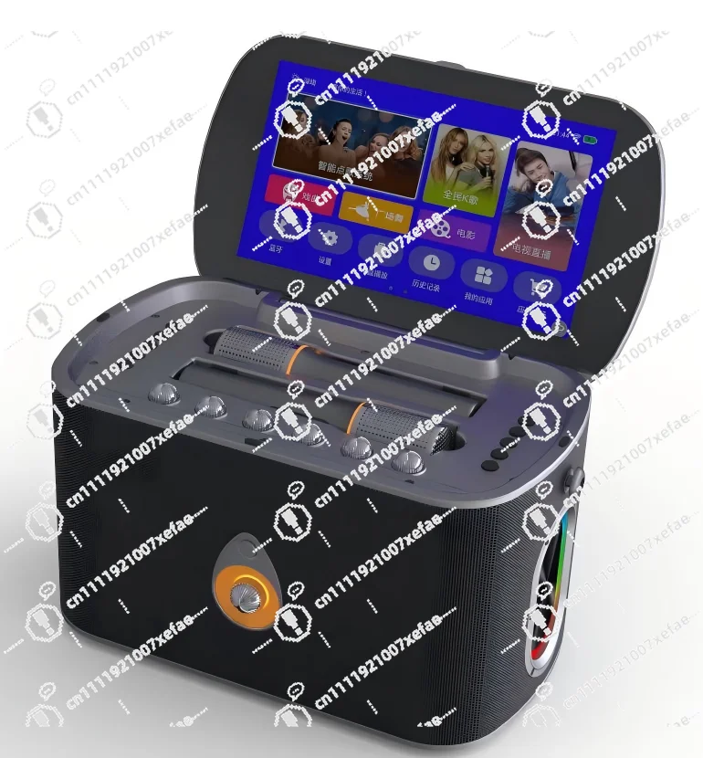 Smart portable KTV speaker with touch screen, dual microphones, 50W bass, LED light