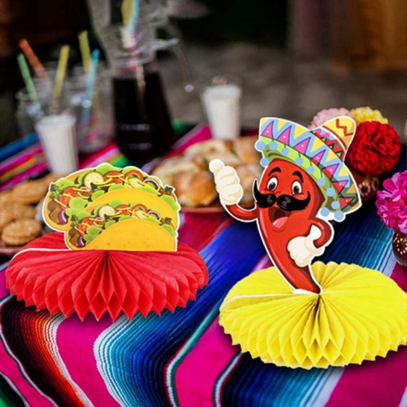 12Pcs Mexican Fiesta Honeycomb Table Centerpiece Cactus Donkey Maraca Sombrero Guitar Table Toppers Centerpieces Decor