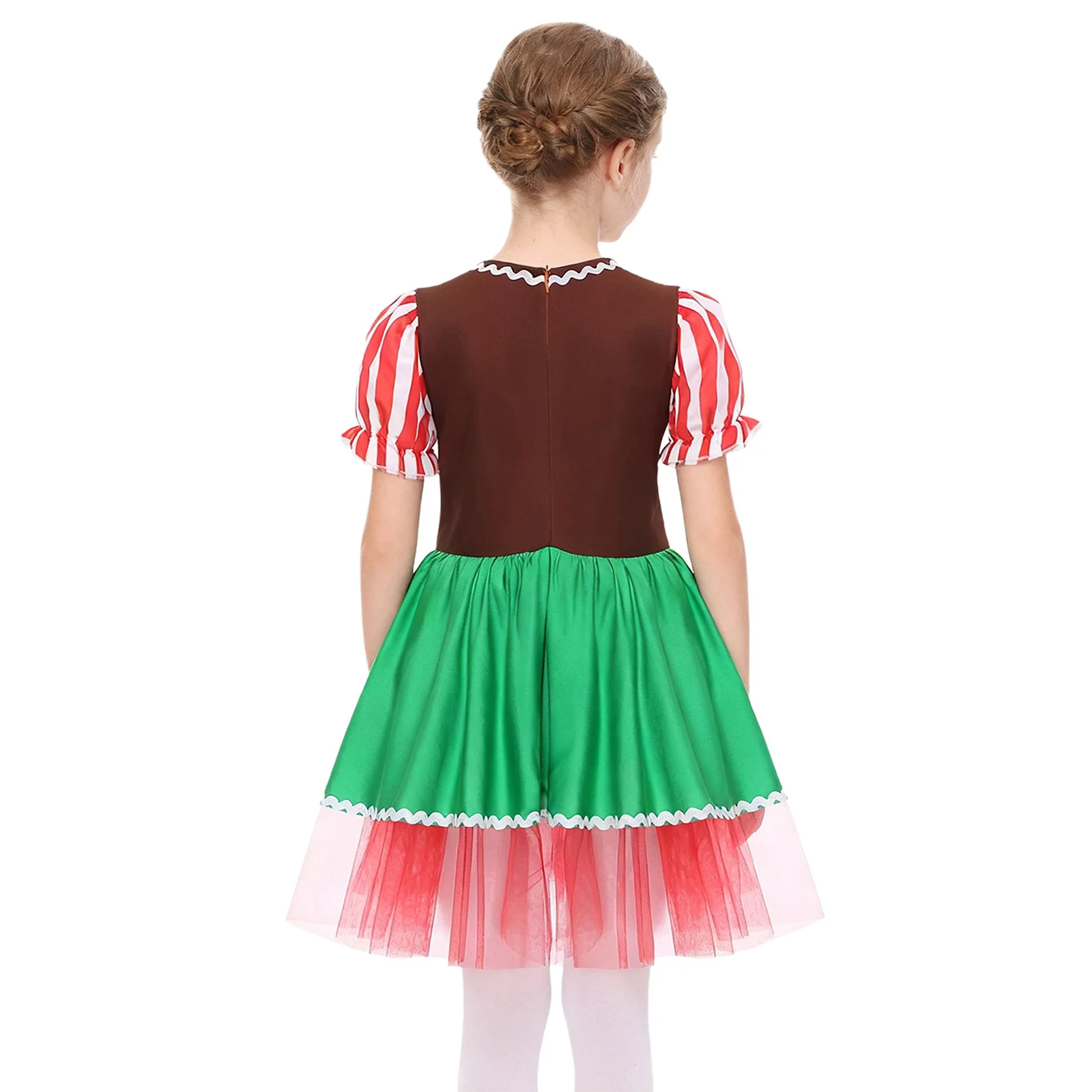Girls Christmas Gingerbread Man Costume Short Sleeves Mesh Ballet Dance Tutu Dress Leotard New Year Cookie Role Play Dress Up