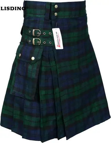 High Quality Fashion Men Cool Pocket Kilts Solid Color Gothic Kilt Vintage Warrior Cargo Kilt Metal Belt Pleated Skirt