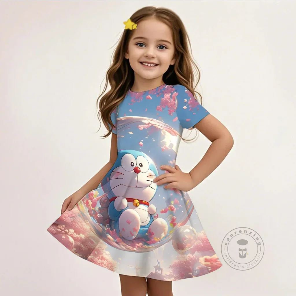

Платье Kawaii Doraemon для девочек, летняя милая свободная одежда с короткими рукавами и круглым вырезом с 3D принтом для детей 3-14 лет, уличный наряд