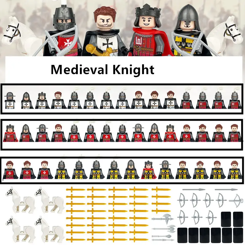 Medieval Warfare Soldado Romano Blocos de Construção Boneca, Cavaleiro do Templo, Acessórios Dourados, Mini Figuras de Ação para Crianças, Modelo Brinquedos