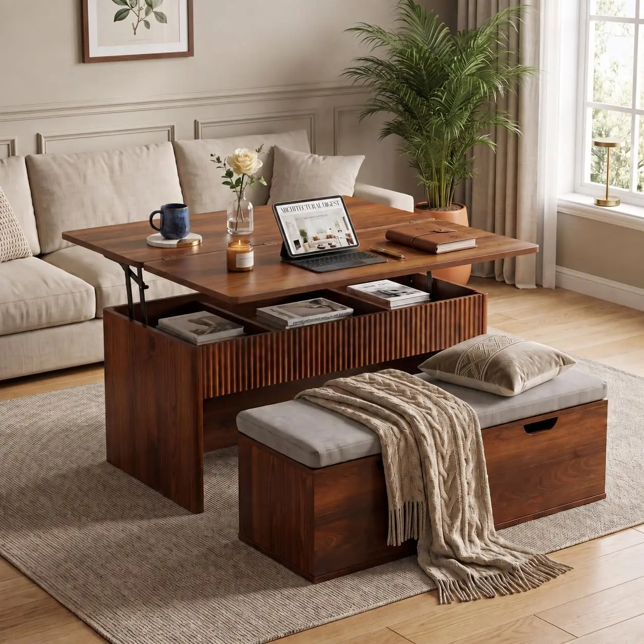 Lift Top Coffee Table with Bench and Storage, 39.4 Inch Convertible Coffee Table Dining Table Set with Hidden Storage, Upholster