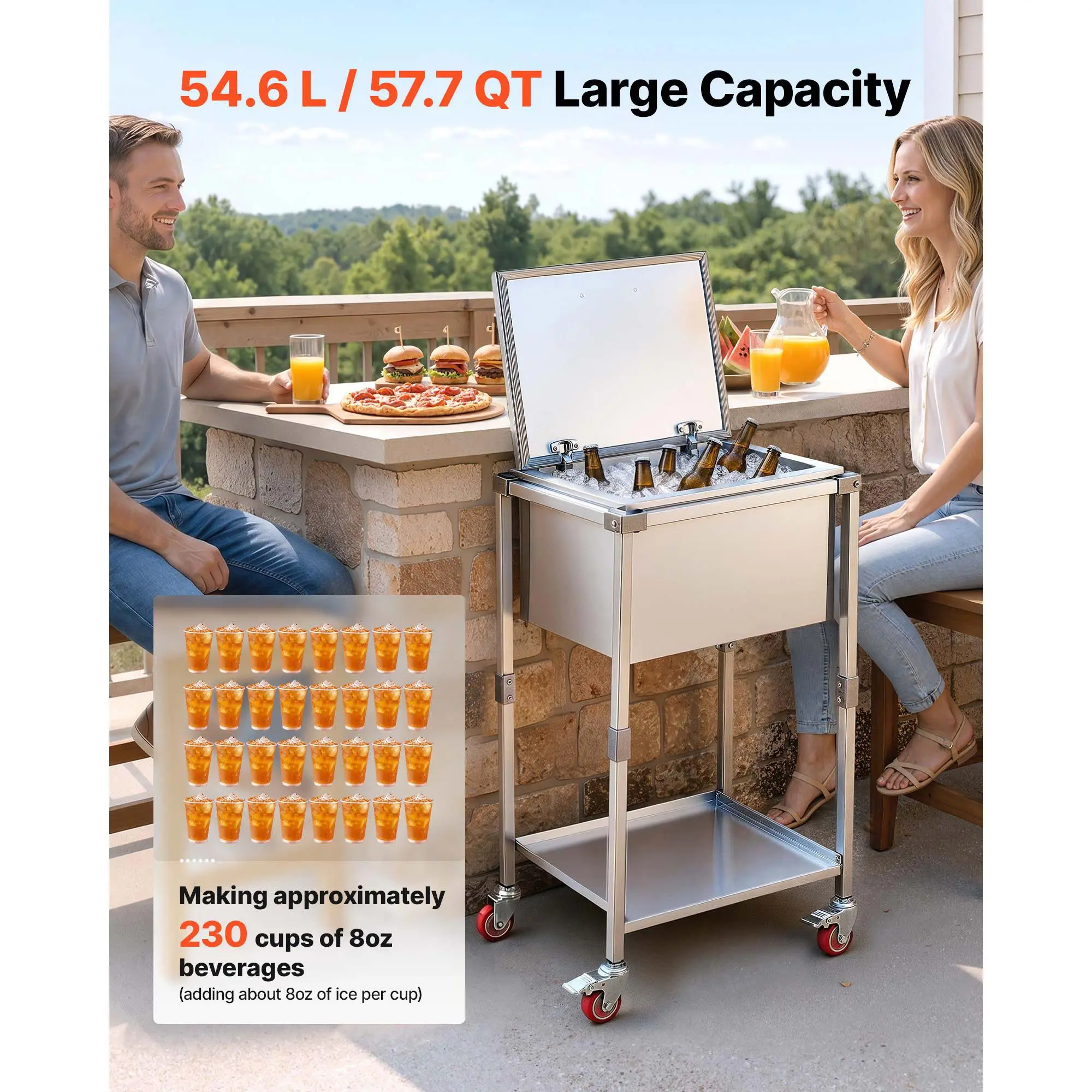 57.7 quart stainless steel rolling freezer cooler with clamshell and wheels, model D01007HEAXP