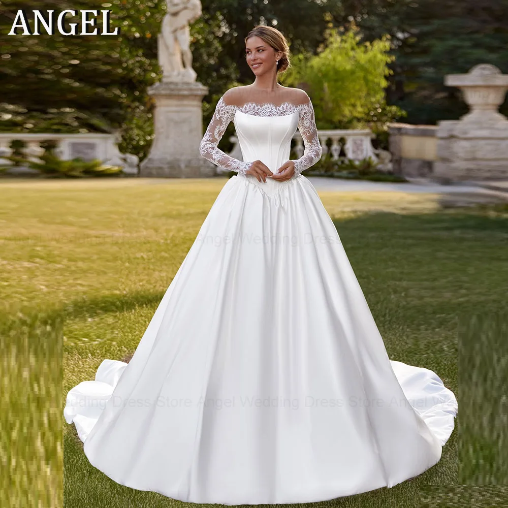 

Свадебное платье ANGEL из атласа на заказ, женское, с открытыми плечами, современное, А-силуэт, с кружевом и шлейфом, вечернее платье Vestido De Noiva