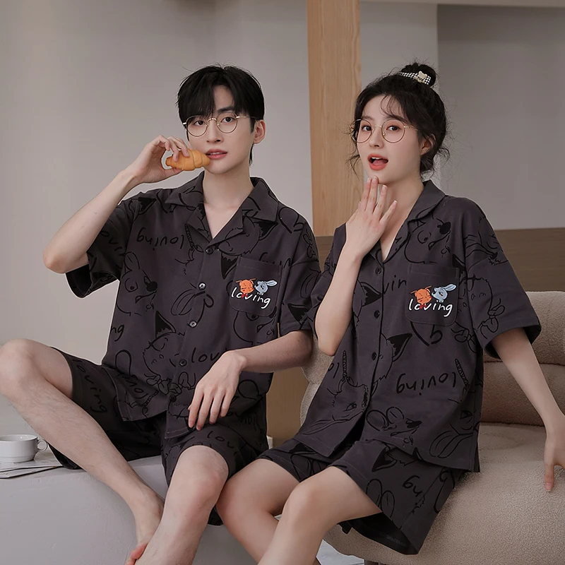 Korean Fashion Cardigan Homewear Couples Cotton Loungewear Women and Men Matching Pjs Pyjamas Cartoon Pijamas pyjama homme