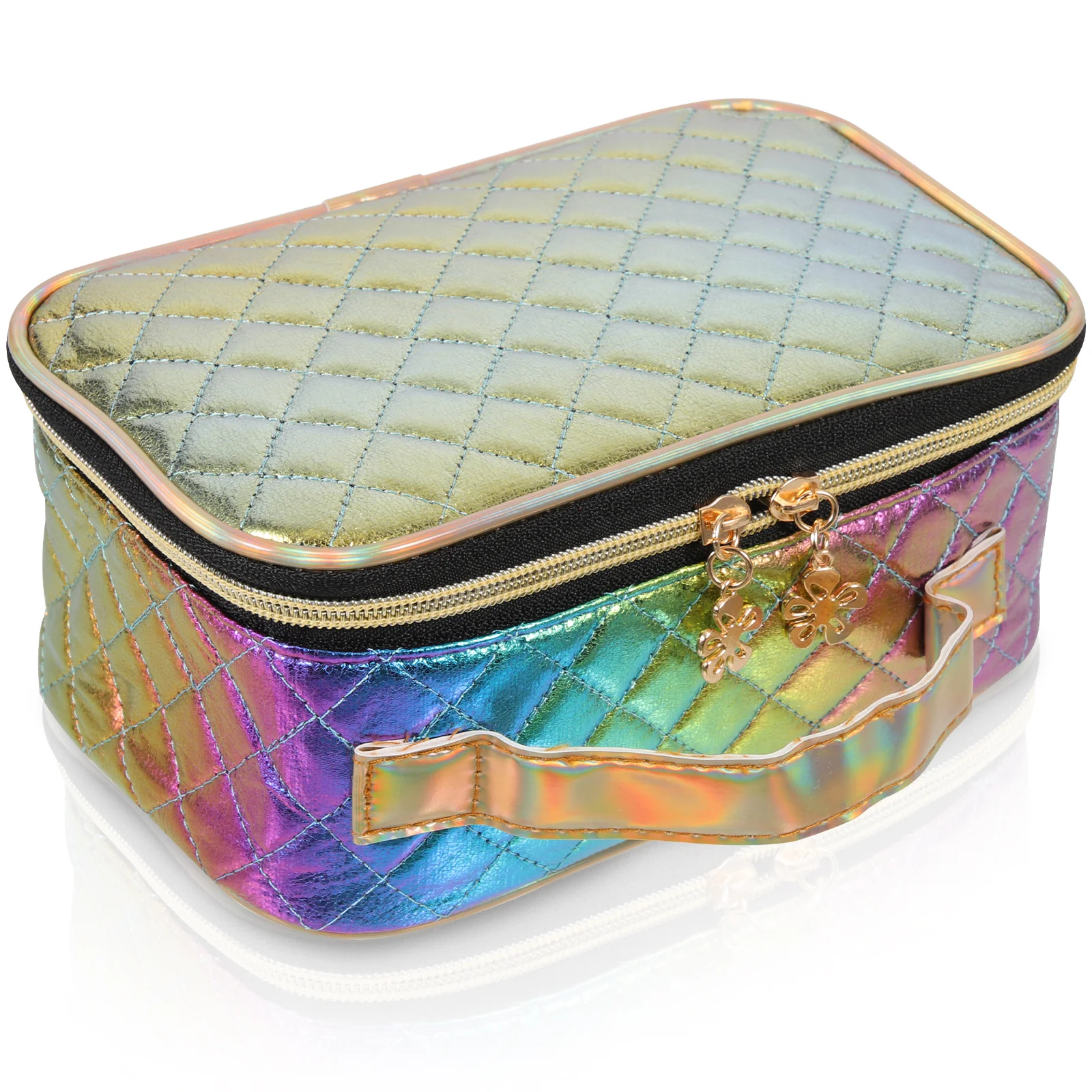 

Waterproof Storage Bag Large Capacity Cuboid Organizer Double Zipper Pu Handle Travel-Friendly Rhombus Pattern Makeup