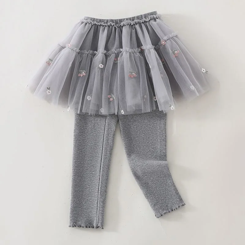 Spring and Autumn Baby Clothing Leggings Children's Personality Trend, Korean Flower Embroidery Mesh Fake Two-piece Skirt Pants