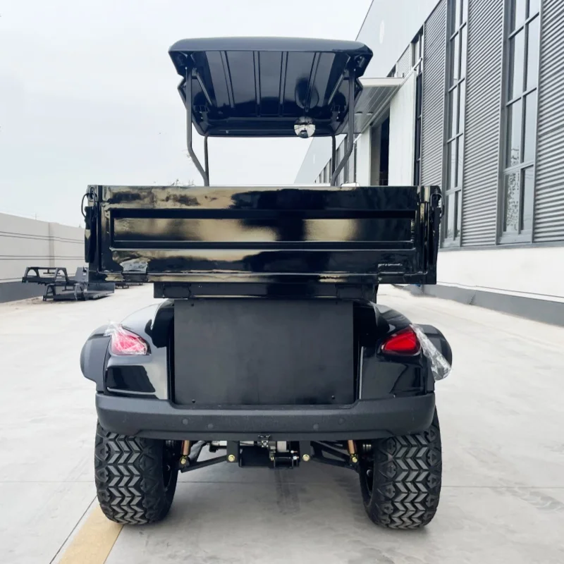Electric 72V Lithium Electric Golf Cart Off Road Cargo Golf Cart Black Upholstered Seat Off-Road Tires Rear Cargo Box Bumper